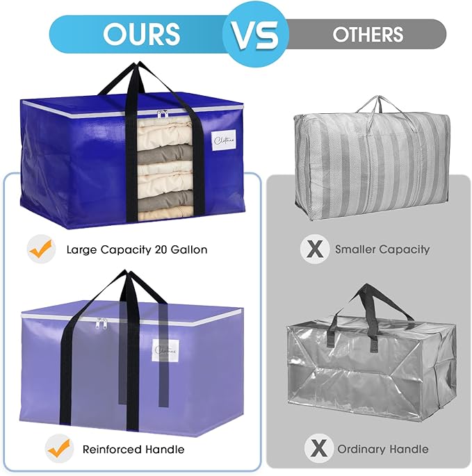 BlissTotes 10 Pack Moving Bags with Clear Window, Storage Bags with Strong Carrying Handles & Zippers,Large Packing Bags for Saving Space, Alternative to Moving Boxes(Blue,20 Gallon)-NeatNest