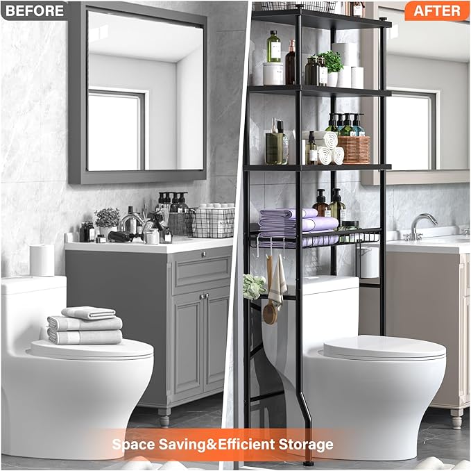4-Tier Over-The-Toilet Storage Rack, Bathroom Organizer Shelf Over Toilet with Shelf Waterproof Feet Pad and Basket, Multifunctional Space Saver Bathroom Shelves Above Toilet for Room (Black)