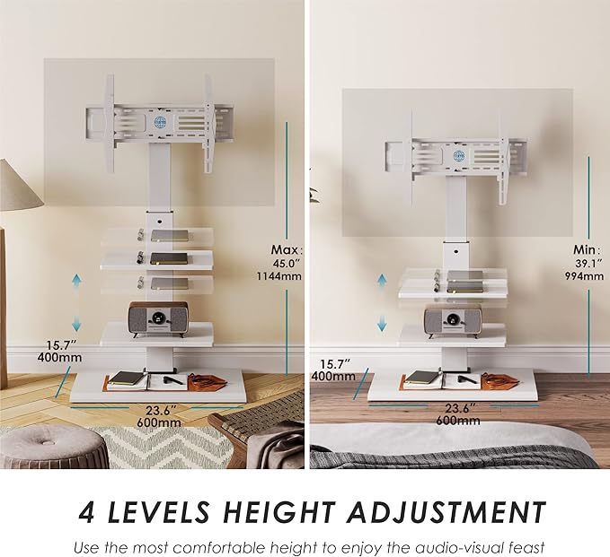 FITUEYES Iron Base Universal Floor TV Stand with Swivel Tilt, TV Mount Stand for 32-75 Inch Screens, Corner TV Stand with Height Adjustable Entertainment Shelves (White)
