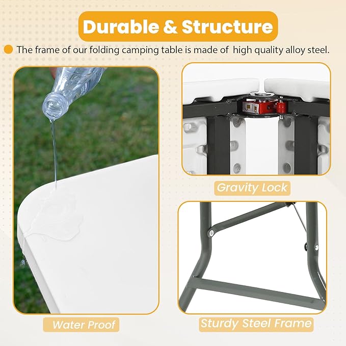 FDW 6FT Folding Picnic Table for Outdoor, Portable Fold-in-Half Plastic Dining Picnic Party Table with Carrying Handle-NeatNest