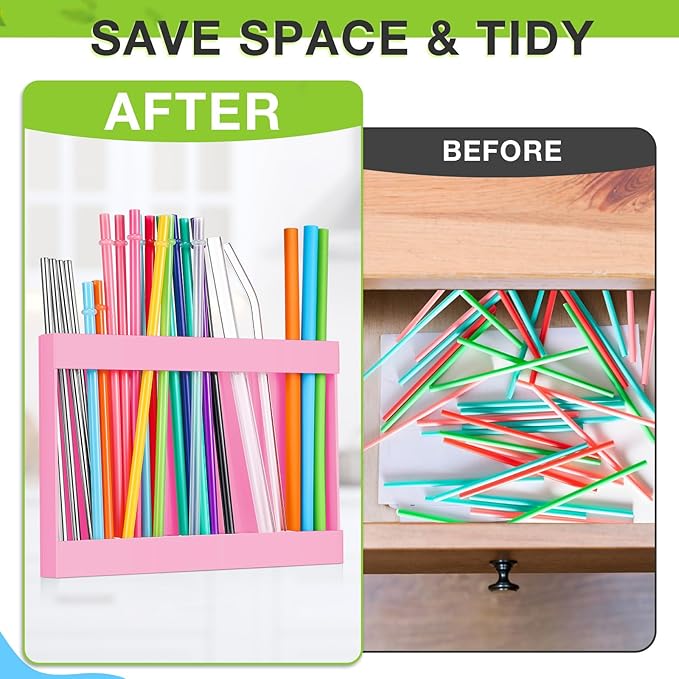 Acrylic Straw Holder for Cabinet Door with Double Sided Adhesive Tape Reusable Straw Organizer Tumbler Storage Kitchen Accessories Container for Counter Cupboard(Classic,Large,Pink)