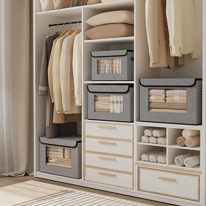 Cloth Storage Cubes, Decorative Linen Closet Organizers Bins, 17.7 x 11.8 x 11.8 inch Blanket Baskets for Shelves with Lids, Clothes Boxes with Handles, Gray, 5-Pack-NeatNest