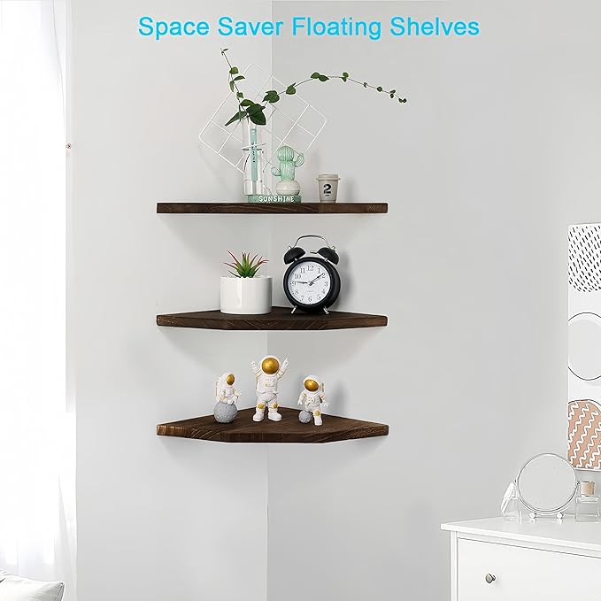 Corner Wall Shelves, Wood Corner Floating Shelves with Cable Raceway, Wall Mount Storage Display for TV Accessories, Monitor, Speaker (Carbonized Dark Brown, Diamond- 10 Inch)-NeatNest