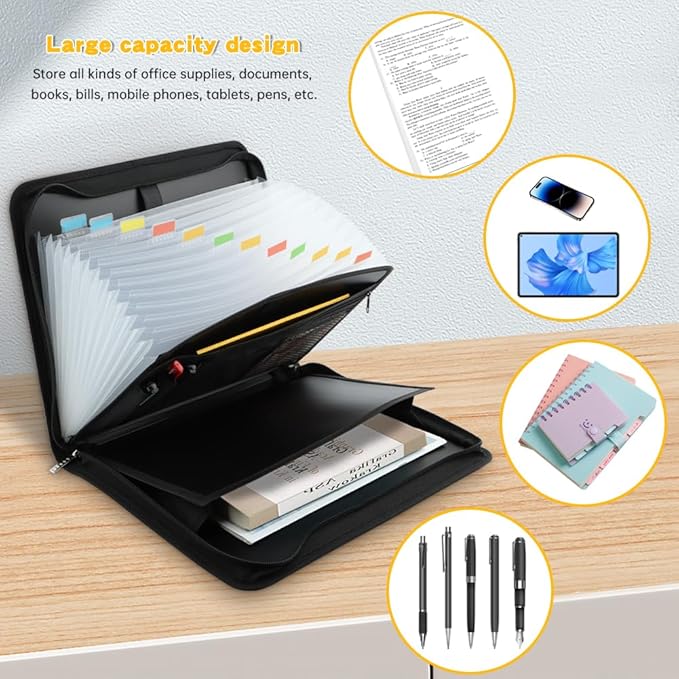 Fireproof Accordion File Organizer,13 Pockets Document Organizer with Handle & Labels,Business Home Portable Fireproof Safe Document Organizer with Zipper for A4 Letter Size File