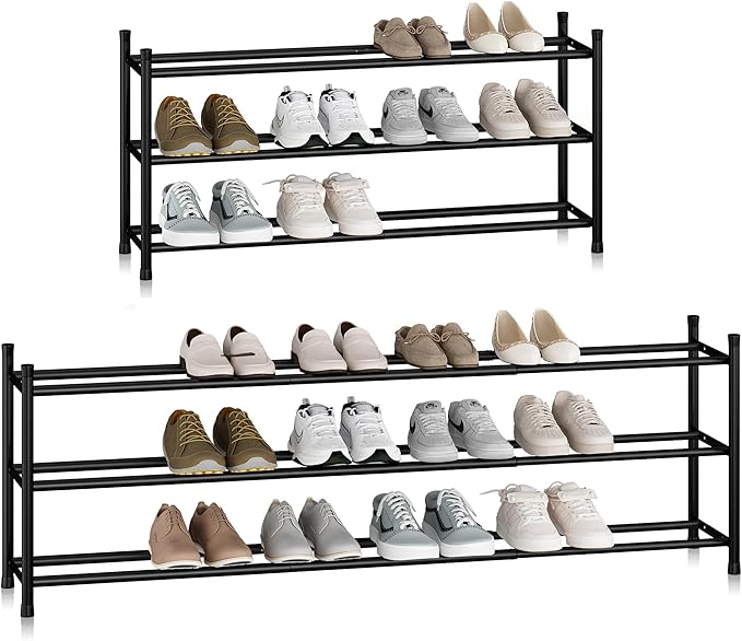 STORAGE MANIAC Long Expandable Shoe Rack, 18 Pairs Metal Wide Stackable Shoe Rack, Adjustable Shoes Shelf, Freestanding Shoes Organizer for Closet, Entryway, Hallway, Garage, Front Door, 3 Tiers-NeatNest