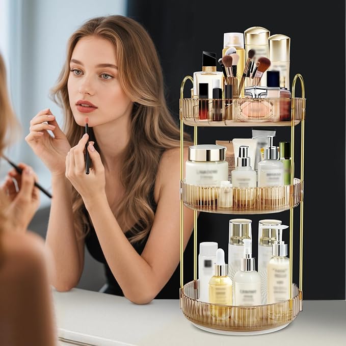 360 Rotating Makeup Organizer for Vanity,3 Tier Large Capacity Skincare Organizers,Bathroom Counter Organizer, transparent Spinning Perfume Organizer & Vanity Organizer (NEW-GOLD, 3 Tier)-NeatNest