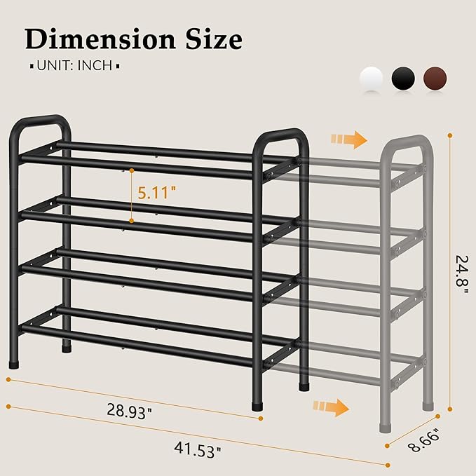 4 Tier Shoe Rack for Closet,Shoe Organizer, 28“ Metal Shelf Can Expandable to 42“, for Bedroom, Entryway, Living Room, Garage, Adjustable to 24 Pairs Shoes, Black-NeatNest