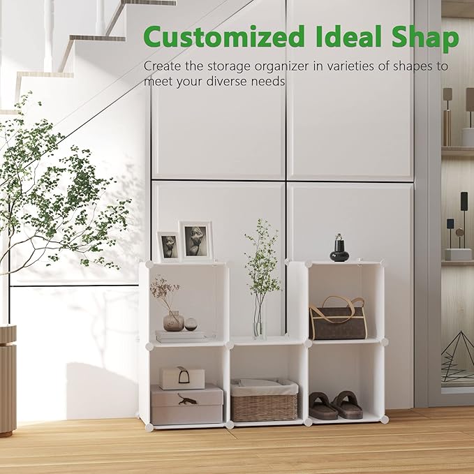 C&AHOME 6-Cube Storage Organizer, Stackable Storage Cubes Shelves, Portable Bookshelf, Plastic Clothing Storage Closet Organizer, DIY Modular Shelving Units for Wardrobe, Home, Milky-NeatNest