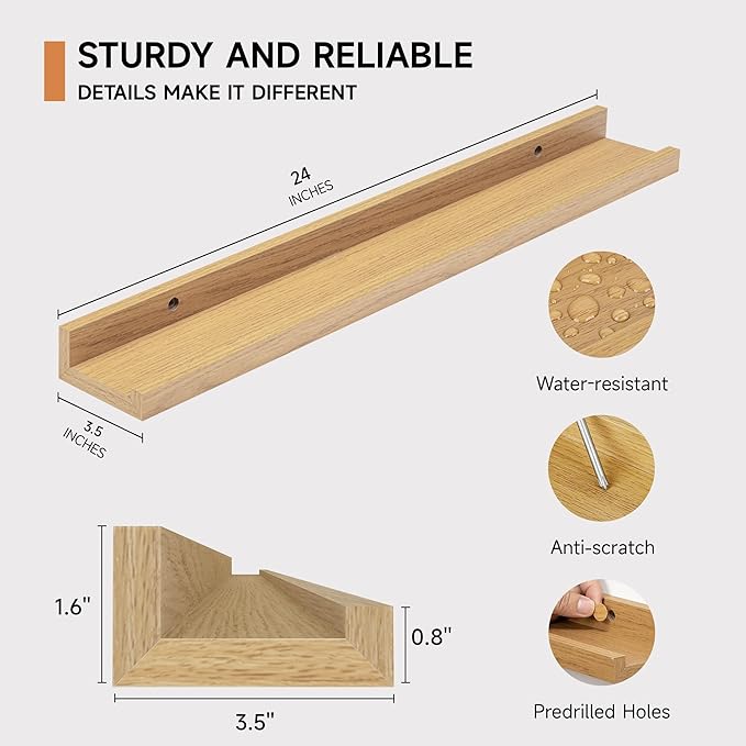 Fun Memories Picture Ledge Shelf, 24 Inch Floating Shelves Set of 2, Nursery Book Shelves for Toys Storage, Kids Bookshelf Wall Mounted for Wall Decor Books Photo Frames, Oak-NeatNest