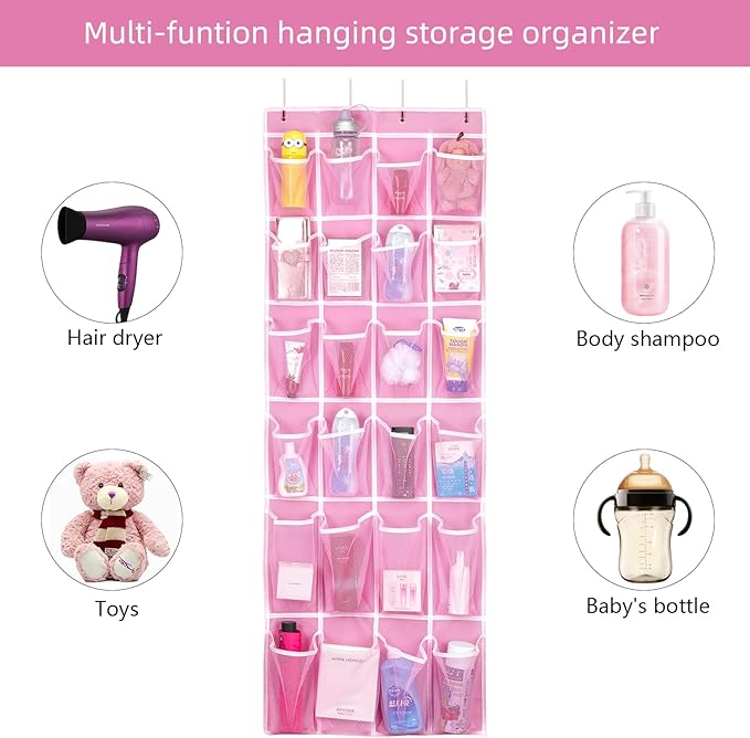 Hanging Shoe Organizer 2Pack, Over The Door Shoe Rack with 24 Mesh Pockets - Pink (2pack), Size: 58x21 Inch-NeatNest