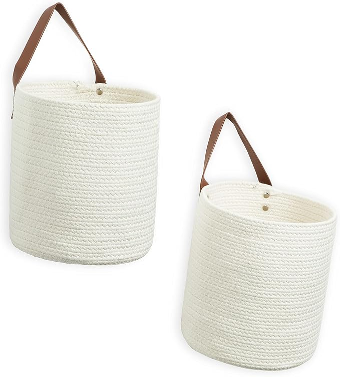 DULLEMELO Rope Hanging Baskets 2 Pack - 7"(D) x 8"(H) Small Woven Wall Storage Basket for Organizing,Hanging Decorative Baskets for Home Bedroom Office Plants (White)-NeatNest