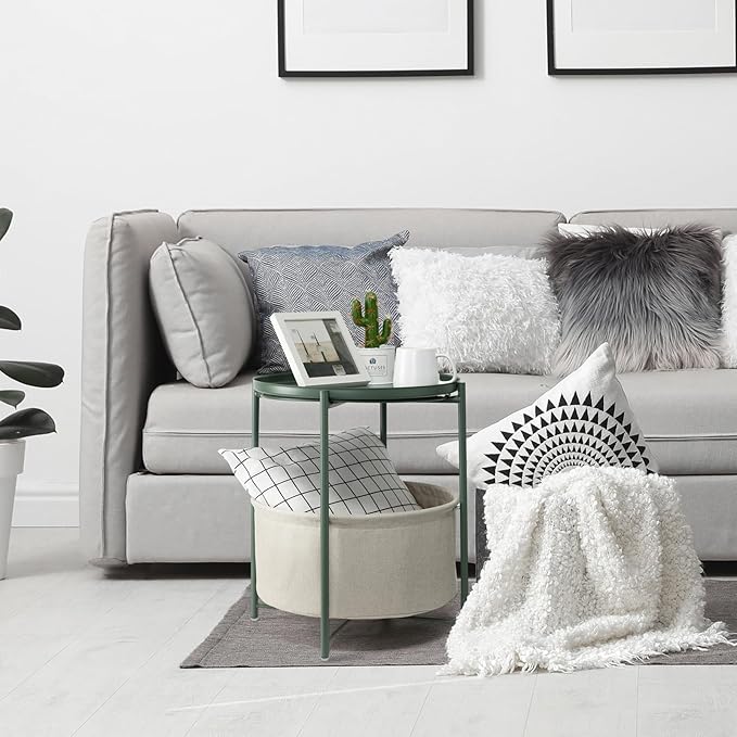 danpinera Round Side Table with Fabric Storage Basket, Metal Side Table Small Bedside Nightstand with Removable Tray for Living Room, Bedroom, Nursery, Dark Green-NeatNest