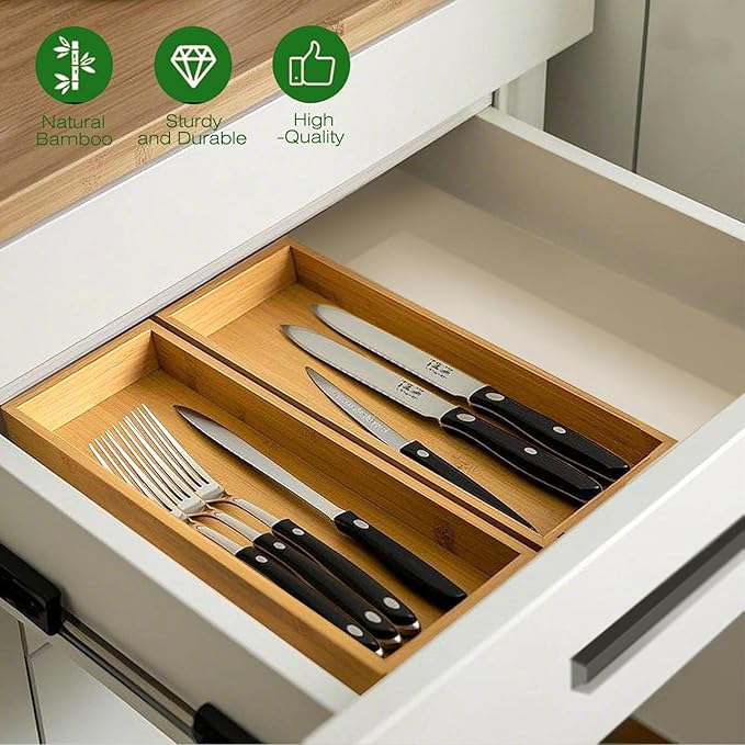 Bamboo Drawer Silverware Organizer, Utensil Organizer, Bamboo Storage Box Wood Silverware Tray for Drawer Set of 2-NeatNest