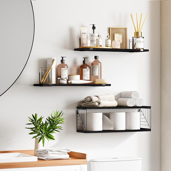 Fixwal 3+1 Tier Bathroom Floating Shelves Over Toilet, 15.8in Farmhouse Rustic Wood Shelves, Wall Decor for Bathroom, Living Room,Bedroom and Kitchen (Black)-NeatNest