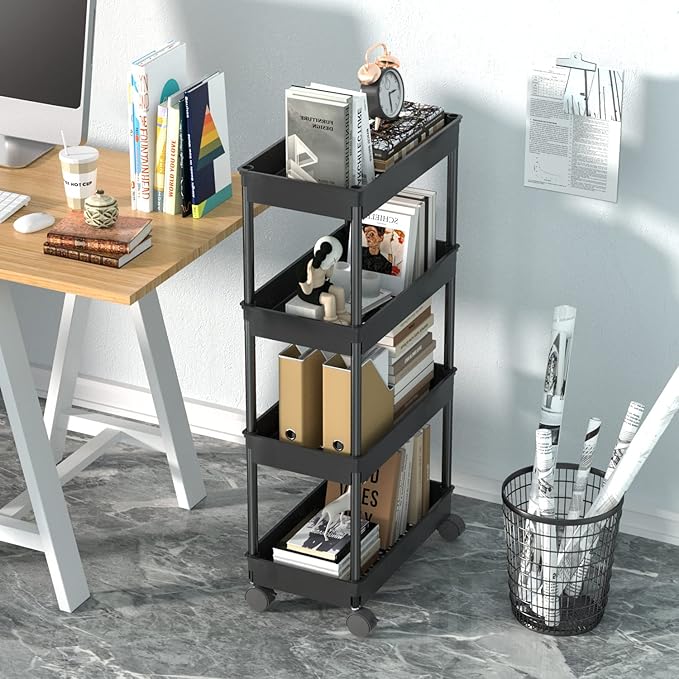 Sooyee 4 Tier Wide Storage Cart Mobile Shelving Unit Organizer Slide Out Storage Rolling Utility Cart Tower Rack for Kitchen Bathroom Laundry, Plastic & Stainless Steel,Black