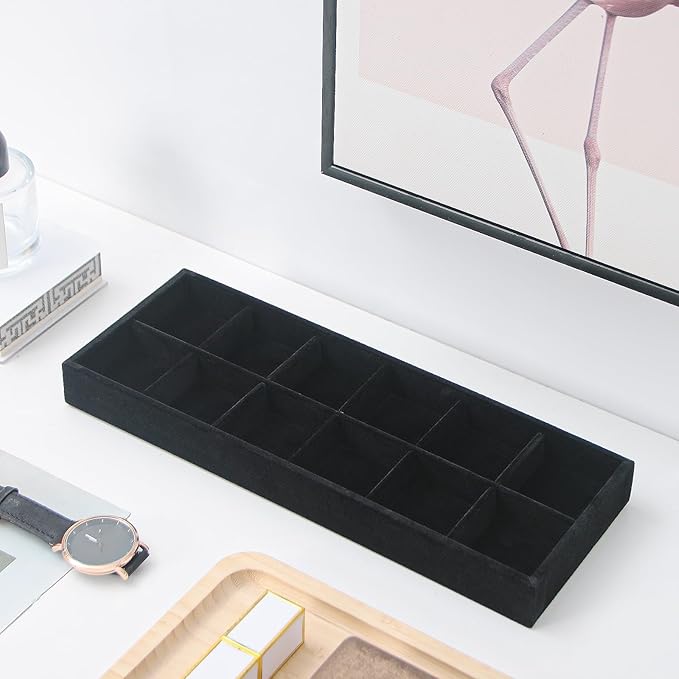 Divided Drawer Organizer, Velvet Jewelry Storage Tray for Necklace, Bracelet, Ring, Earring Display - Bedside Nightstand Desk Holder for Phone, Watch, Sunglasses, Cosmetics Storage/Black/12grid-NeatNest