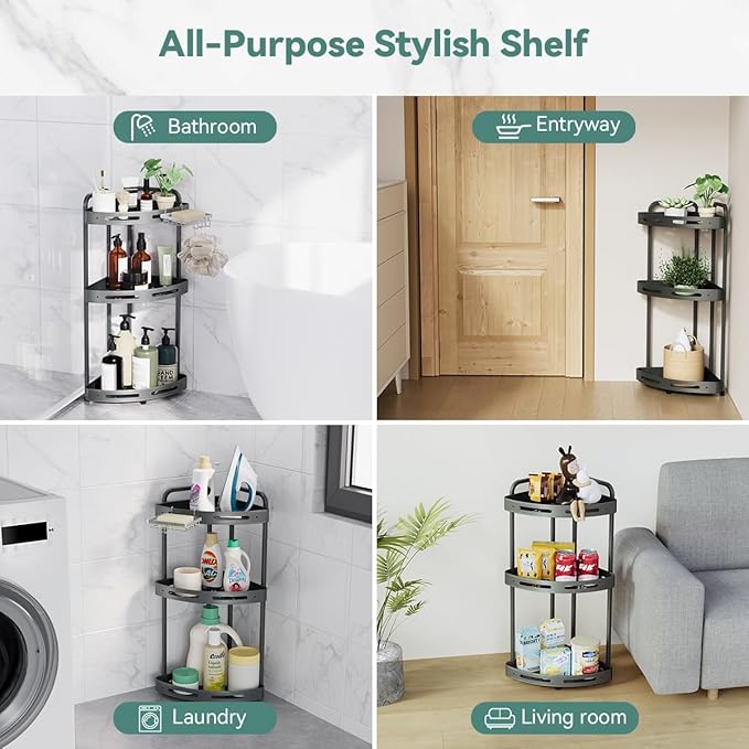Corner Shower Caddy Standing, 3-Tier Rustproof Shower Organizer with Soap Holder, Aluminum Shower Shelf Stand for Bathroom Storage, Gray