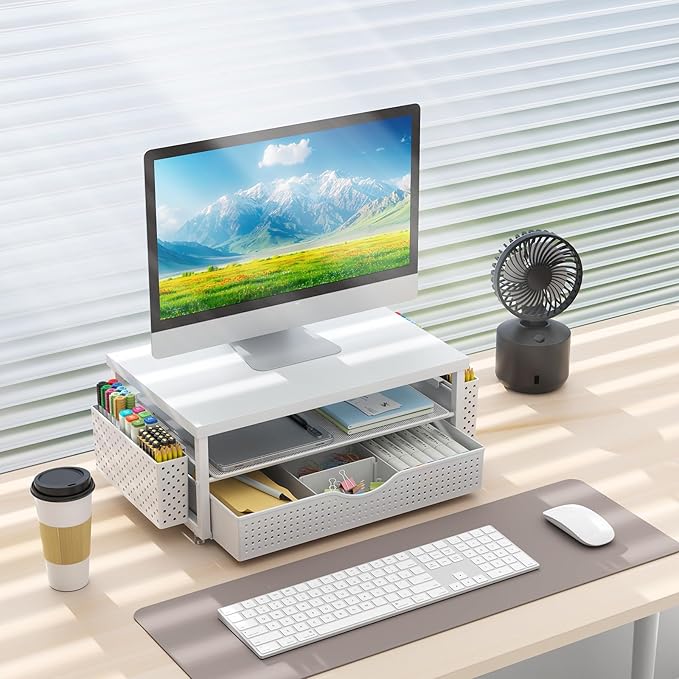 gianotter Wood Monitor Stand Riser, Office Desk Shelf Organizer, Desk Organizer with Drawer and Pen Holder, 2-Tier Computer Stand, Office Organization (Matte White)-NeatNest