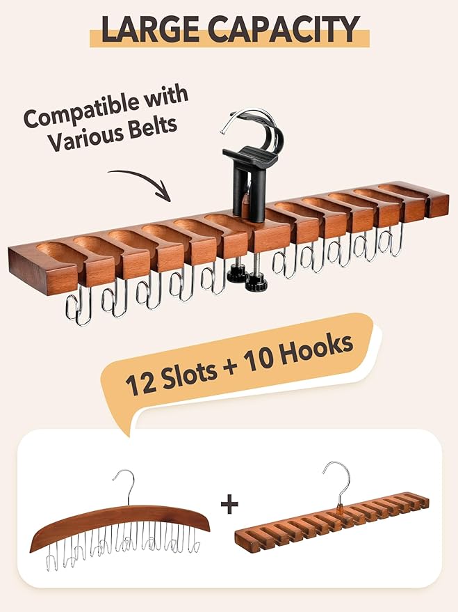Belt Hanger for Closet, Innovative Design to Prevent Tipping/Alder Wood/ 12 Slots + 10 Hooks, Belt Rack, Versatile Belt Organizer (Brown)-NeatNest