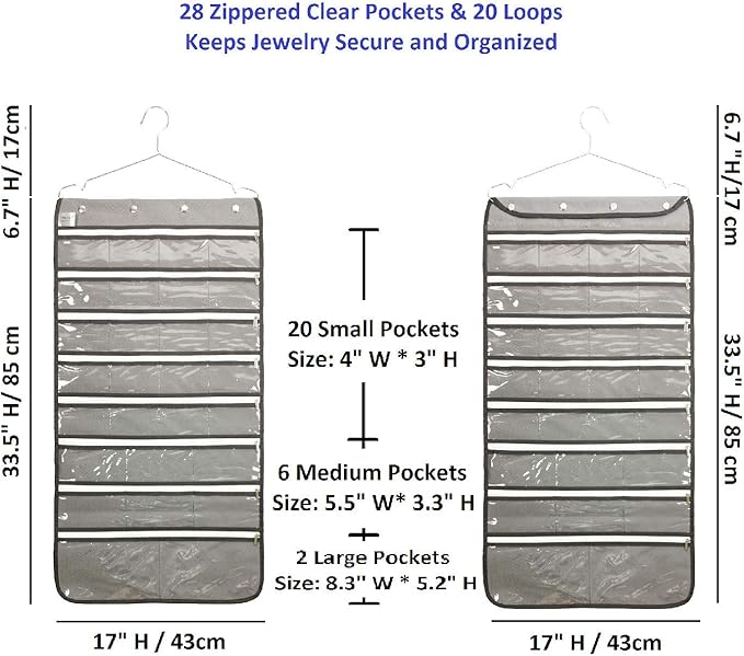 Dual Sided Hanging Jewelry Organizer with Hanger for Closet Necklace Earrings Bracelet Ring Travel Holder (56 Zippered Clear Pockets Grey)-NeatNest