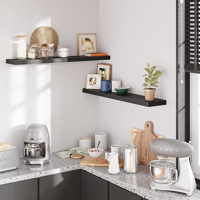 BAMEOS Floating Shelves, Black Wall Mounted Wooden Shelves with Invisible Brackets Set of 2,47 x 9-NeatNest