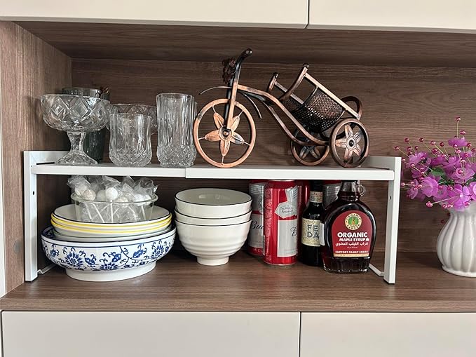 Expandable Cabinet Shelf Organizer 16-26" L Stackable Kitchen Counter Shelf Rack Stand Sink Riser Countertop Storage White (Normal 7.9”D)-NeatNest