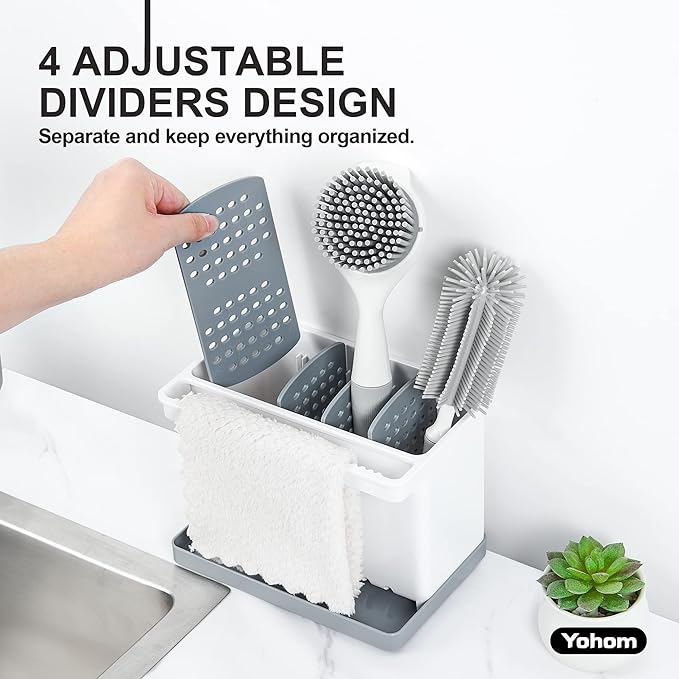YOHOM Sink Brush Holder for Kitchen Sink Sponge Caddy Countertop Organizer Plastic Dish Scrubber Holder with Dividers-NeatNest