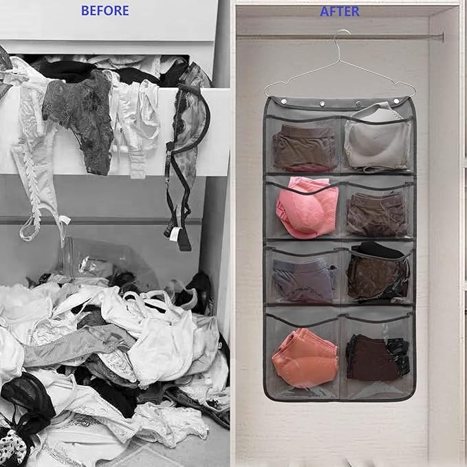 Dual Sided Hanging Closet Organizer Durable Socks Stocking Clothes Bra Accessories Storage Bag With 16 Large Pockets (Clear PVC Pockets)-NeatNest