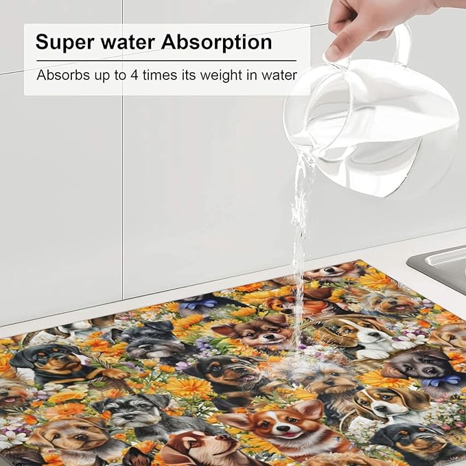 Cute Puppy Dog Dish Drying Mat 18 x 24 Inch for Kitchen Counter Cute Kitchen Mat Microfiber Kitchen Countertop Absorbent Reversible Drainer Rack Pad Dish Drying Mat-NeatNest