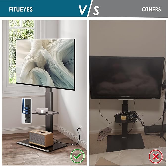 FITUEYES Floor TV Stand for 32-75 inch TV with Power Outlet, Tall TV Stand for Bedroom Living Room with Tempered Glass Base, Floor TV Mount Holds Up to 88lbs MAX VESA 600x400mm,Black-NeatNest