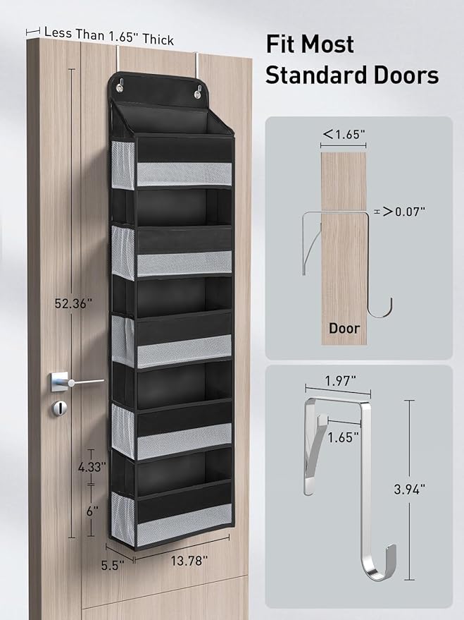 Yecaye 2 Pc Over the Door Organizer with 5 Bins 10 Side Pockets, 44lbs Load Hanging Bathroom and Bedroom Organizer, behind the Door Hanging Organizers for Nursery Newborn Baby Essential Stuff Black-NeatNest