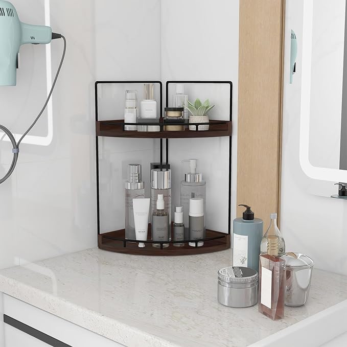 Dorhors 2-Tier Bathroom Counter Organizer,Vanity Counter Corner Shelf, Skincare, Wood Countertop Bathroom Storage and Organization for Kitchen (Walnut)-NeatNest