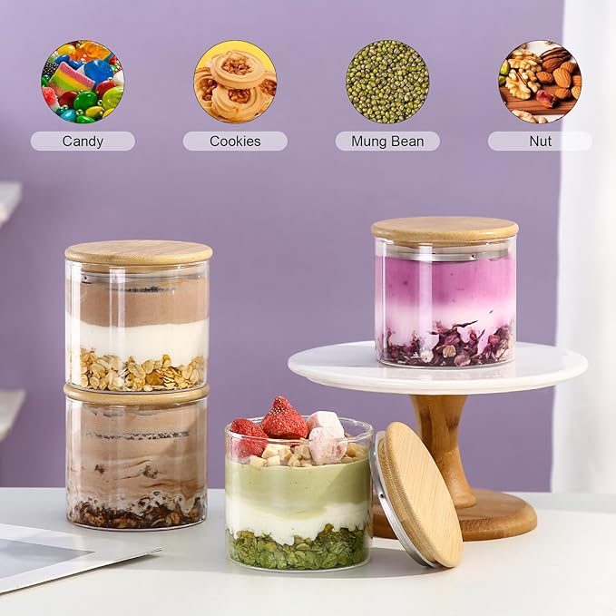 4 Pack Overnight Oats Containers with Bamboo Lids,10 Oz Glass Jars with Airtight Lids for Oats, Cereal, Yogurt, Chia Seed Pudding.Salad Jars Meal Prep