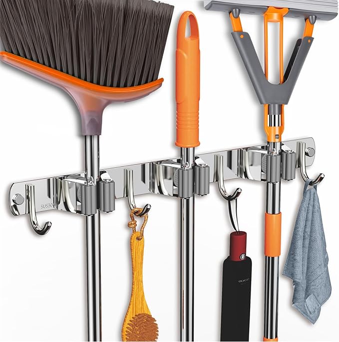 2 Pack Mop and Broom Holder Wall Mount, Non-slip Broom Hanger, Heavy Duty Mop Broom Organizer for Kitchen Garden Garage Laundry Room Wall Decor Organization and Storage Silver 3R4H-NeatNest