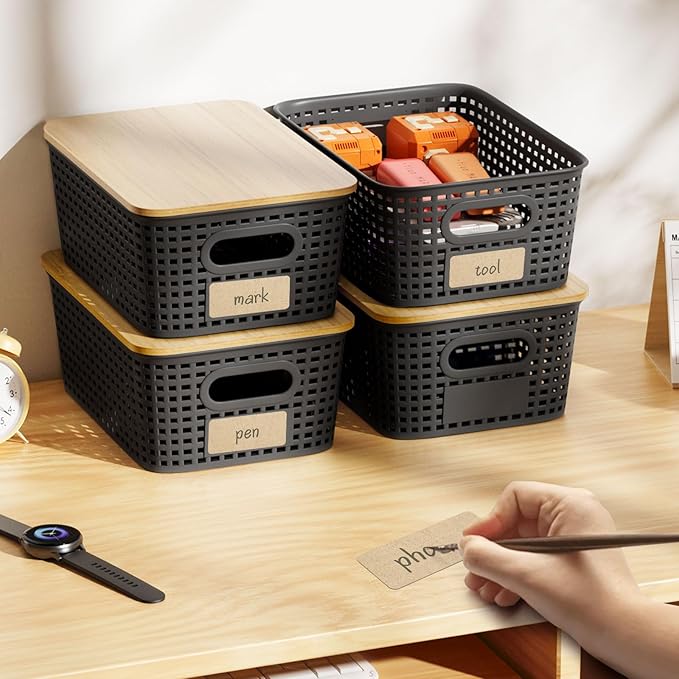 6-Pack Small 5 Qt Stackable Storage Bins with Bamboo Lids - Decorative Cute Plastic Baskets Boxes Containers with Labels for Organizing Shelves, Classroom, Closet, Desktop, Office - Black-NeatNest