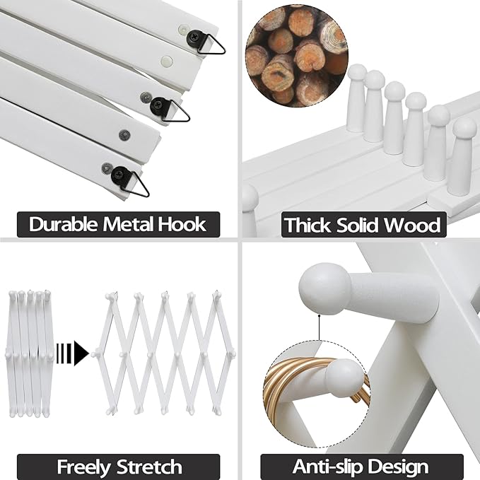 Accordion Wall Hanger with 16 Hooks, Wooden Coffee Mug Rack for Wall, Expandable Accordion Hook Rack Wall Mounted for Mug, Tea Cup, Purse,Coat, Hat, Cap(White)-NeatNest