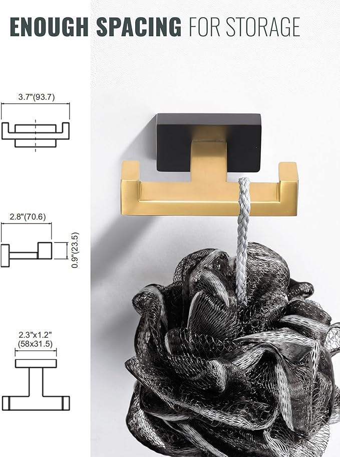 Double Bathroom Towel Hook - Modern Gold & Black Tower Holder - Heavy Duty Robe Hooks for Wall - Stainless Steel Shower Towel Hanger
