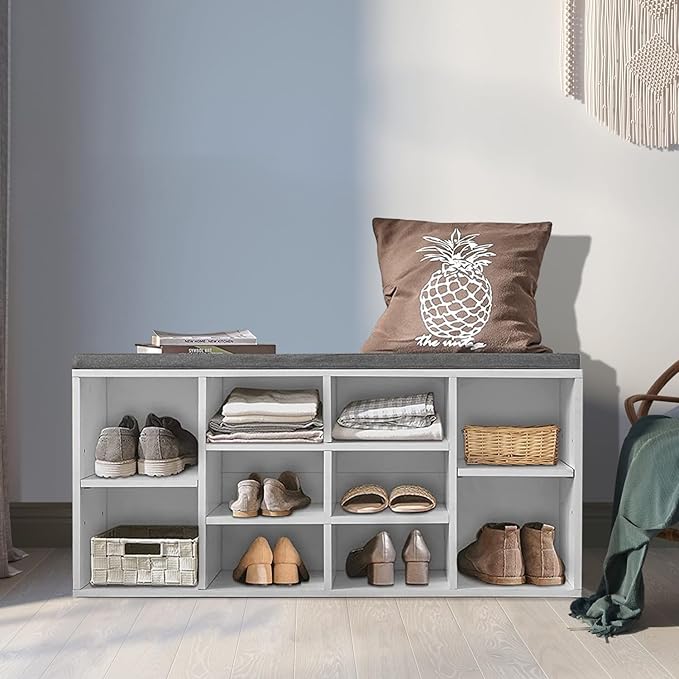 Shoe Storage Bench, Entryway Bench with Storage, 3-Tier Shoe Rack Bench 10 Cubbies Adjustable Shelves Shoe Organizer Shelf for Hallway Front Door Living Room Bedroom