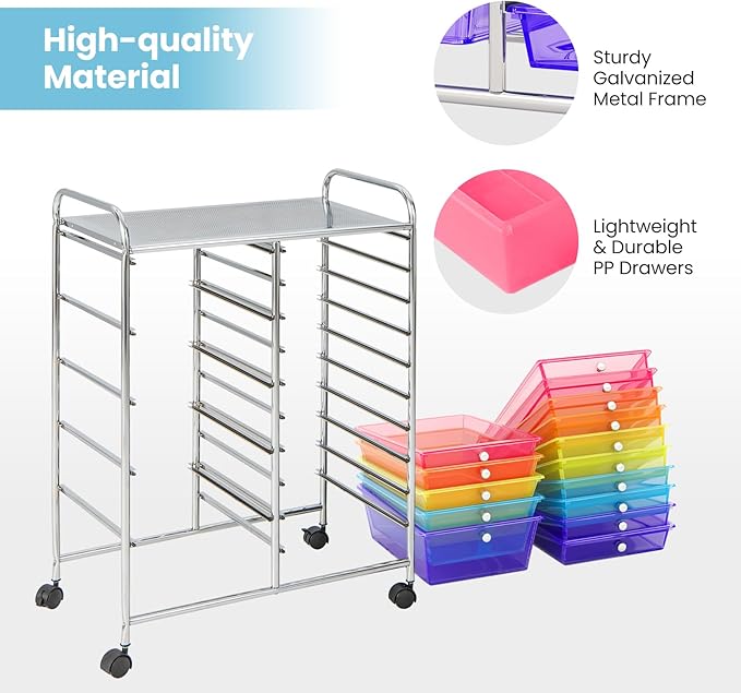 Giantex 15 Drawer Rolling Cart with Drawers, Storage Organizer Cart for Classroom Office School Teacher, Mobile Drawer Cart for Tools, Crafts, Small Printer, Paper (Clear Red+Orange+Green+Blue+Purple)