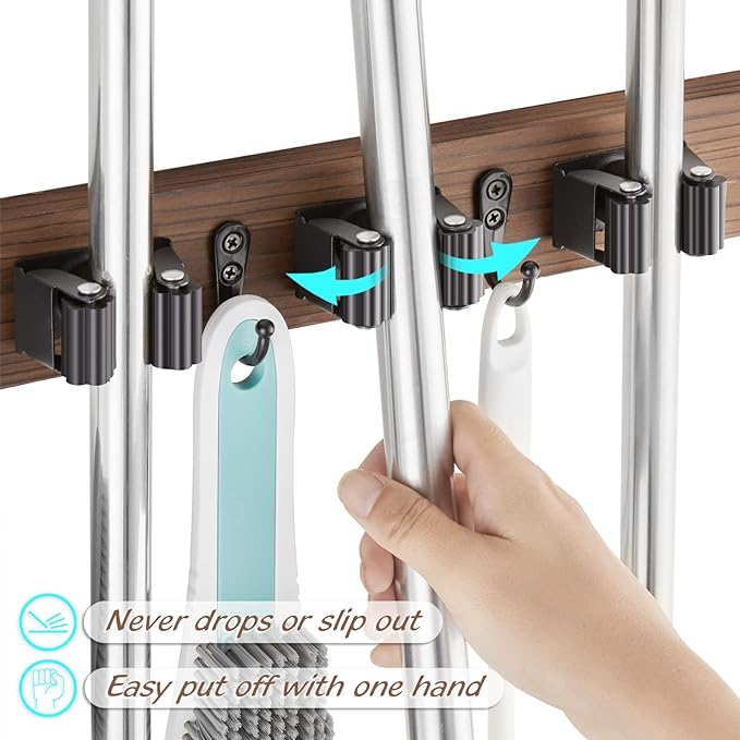 Mop and Broom Holder Wall Mount - Rustic Wood Broom Mop Hanger - Wall Mounted Garden Tool Rack Organizer for Closet Garage Laundry Room Kitchen Decor With 4 Slots & 4 Hooks-NeatNest