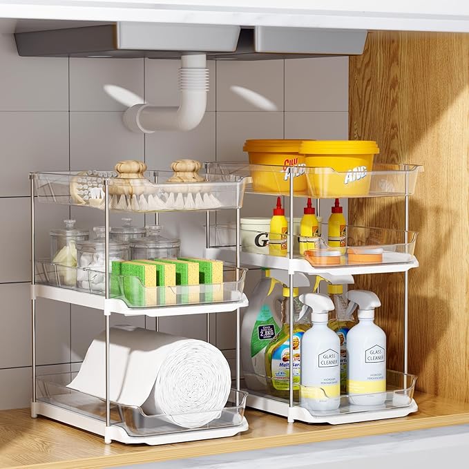 Delamu 2 Sets of 3-Tier Bathroom Under Sink Organizers and Storage, Multi-Purpose Stackable Pantry Organization and Storage, Pull Out Clear Kitchen Bathroom Cabinet Organizer with Movable Dividers-NeatNest