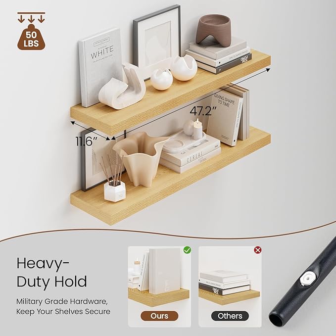 Heimlove 48W x 12D Long Floating Shelf, 12 Inch Deep Floating Shelves for Wall Set of 2, Wood Shelves for Bedroom Living Room Bathroom Kitchen Home Office, Wall Shelves with Heavy Duty Bracket, Oak-NeatNest