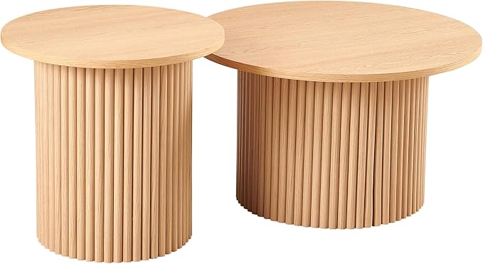2-Piece Nesting Coffee Side Table Set of 2, Round Nightstand End Table with Fluted Wood Strip Base,Manufactured Wood Nesting Tabletop with Solid Oak Wood Veneer, Elegant Side Table