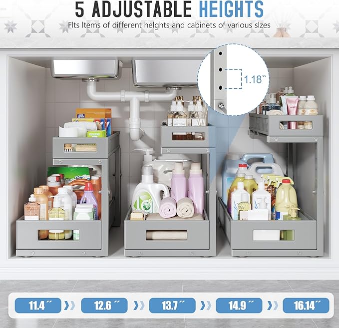 1 Pack 19IN Depth Under Sink Storage Organizer, Large 2-Tier Elegant Mesh Pull Out Shelf for Kitchen and Bathroom Cabinet Organization, L-Shaped and Adjustable Height Design-Gun Gray-NeatNest