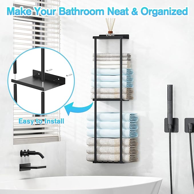 Towel Rack for Bathroom, Wall Mounted Vertical Rolled Towel Storage Organizer Holder with Shelf, Holds Up 6 Large Bath Sheets, Black