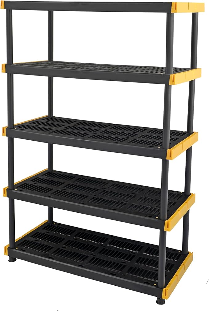 CX Black & Yellow®, 5-Tier Heavy Duty Plastic Storage Shelving Unit, 200lbs/shelf (72”H x 48”W x 20”D), for Indoor/Outdoor Organization, Modular Rack-NeatNest