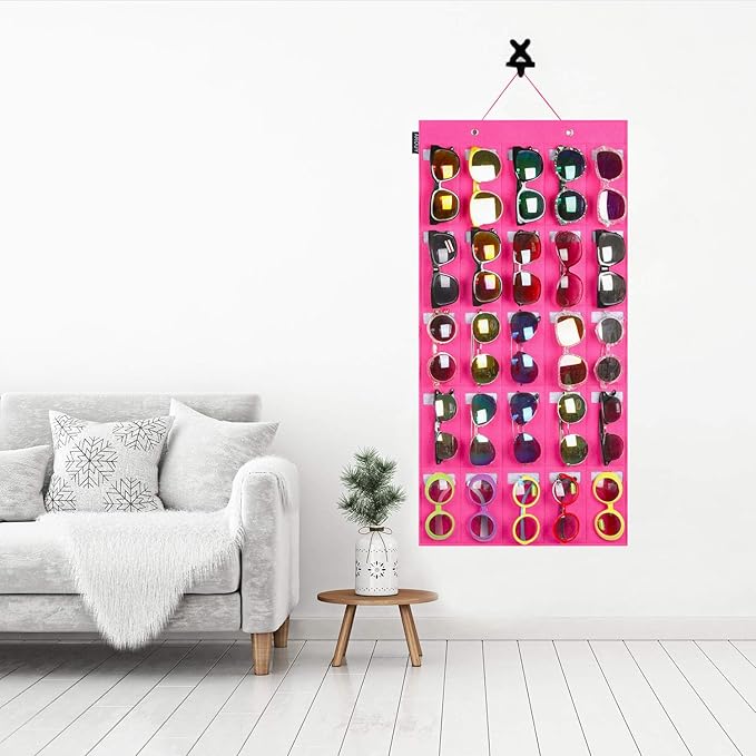 AROUY Sunglasses Organizer - Hanging Wall Pocket with 25 Felt Slots - Sturdy Rope (Large, Rose)-NeatNest