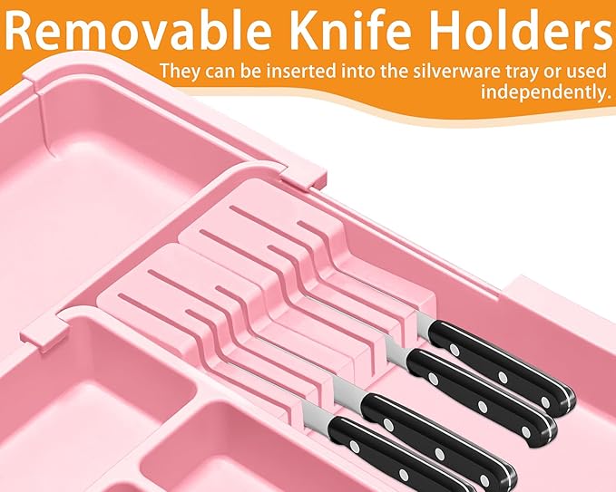 Homecor Silverware Organizer - Expandable Large Kitchen Drawer Organizer Utensil Organizer with 2 Knife Block Inserts, 22"x 19"Cutlery Tray with Drawer Dividers for Kitchen Flatware (Pink)-NeatNest