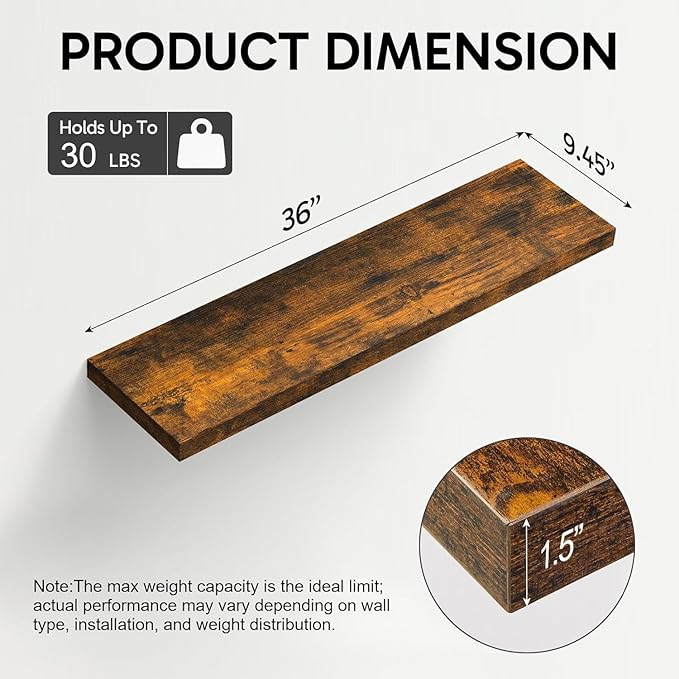 BAYKA Floating Shelves for Wall, 36 inches Wall Mounted Rustic Wood Shelves for Bathroom, Bedroom, Living Room, for Storage/Decor with 30lbs Capacity๏ผRustic Brown,Set of 3-NeatNest