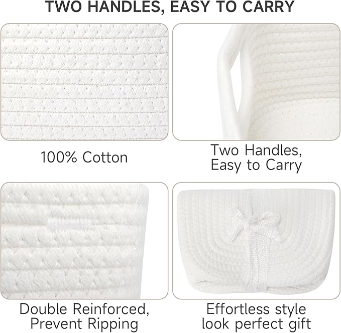3-Pack Storage Baskets for Organizing | Woven Shelf Toy Basket | Rope Baskets for Gifts Empty | Closet Organizer Bins with Handles | Cube Decorative Box | 13.7×7.1×6.7” | White-NeatNest